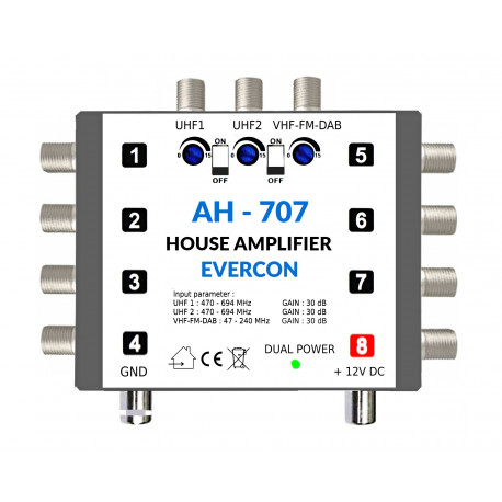 Domovní zesilovač 30 dB pro 4-8 TV Evercon AH-707