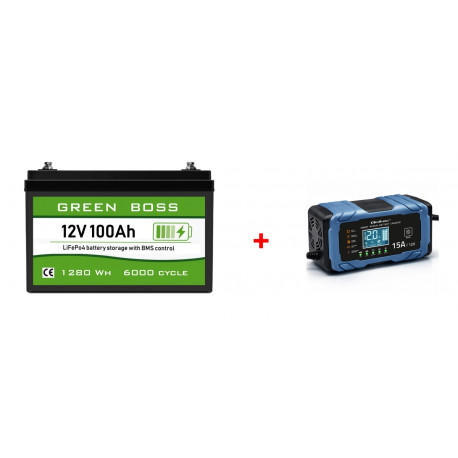 LiFePo4 baterie 12V 100Ah GREEN BOSS LIGHT s nabíječkou 15A
